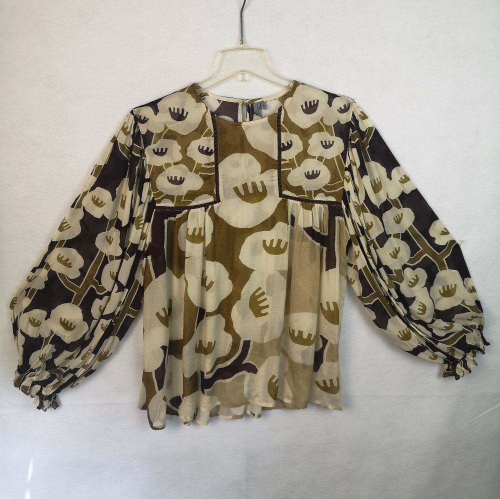 Anthropologie Bl-nk London Miranda Peasant Blouse Size XL Neutral Motif Brown